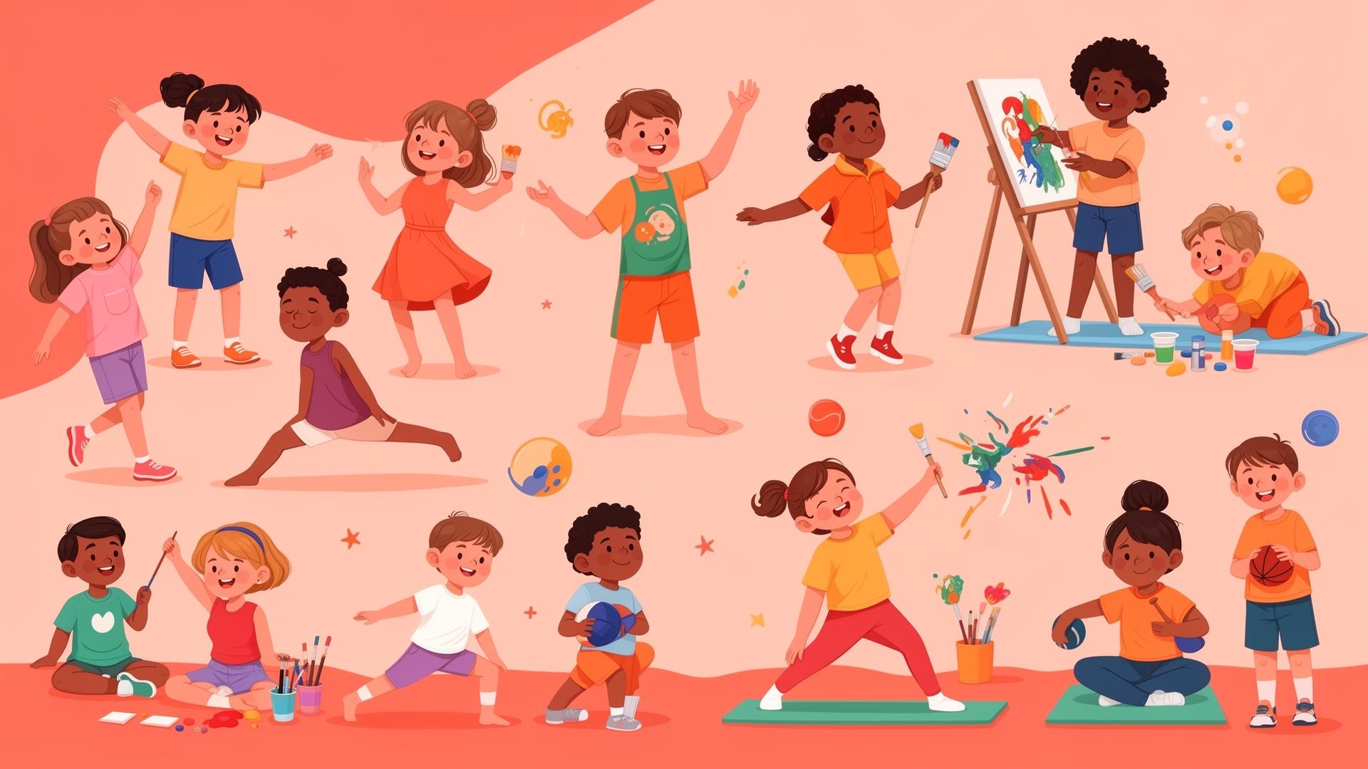 Kids enjoying various activities like dancing, painting, sports and yoga